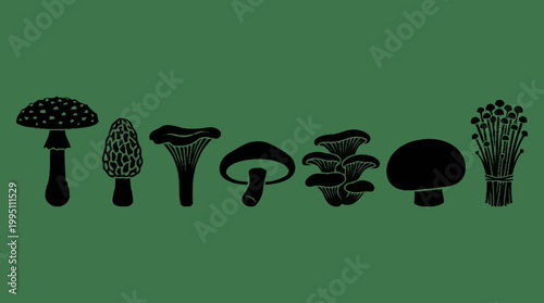 A collection of diverse mushroom silhouettes displayed against a solid green background, showcasing various shapes and forms.