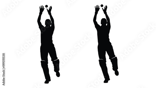 Silhouette of a cricket wicket keeper in a catching pose duplicated for emphasis