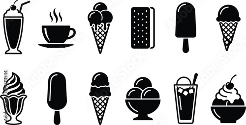 Black ice cream silhouette icon set with various dessert designs and summer beverage symbols isolated on white background for menu and cafe pattern