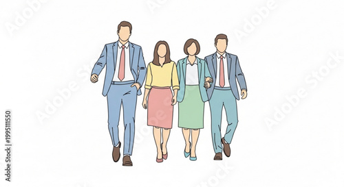 A group of business professionals walking together in formal attire on with two men and two women