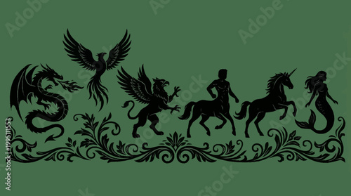 A collection of mythical creatures including a dragon, phoenix, griffin, centaur, unicorn, and mermaid, silhouetted against a green background.