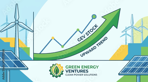 Green Energy Ventures stock shows an upward trend with wind turbines and solar panels in the background.