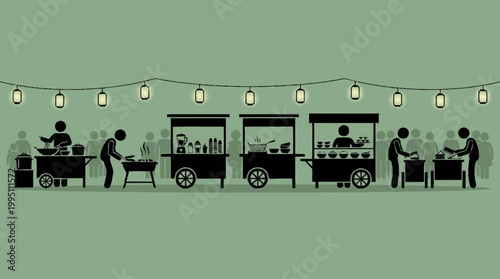 Silhouettes of people enjoying food from various stalls at an outdoor night market illuminated by string lights.