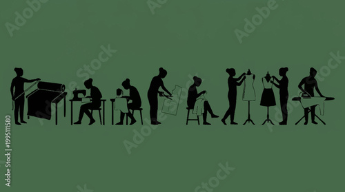 Silhouettes of women engaged in various sewing and tailoring activities, from cutting fabric to ironing clothes.