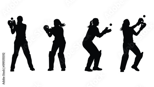 Silhouette series depicting a woman playing or practicing cricket with a ball