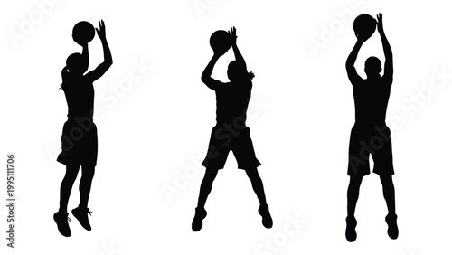 Silhouettes of three basketball players in action preparing to shoot or rebound