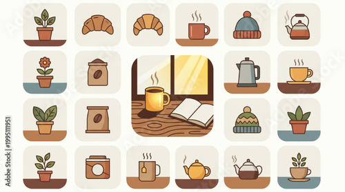 Cozy morning routine and coffee break icon set