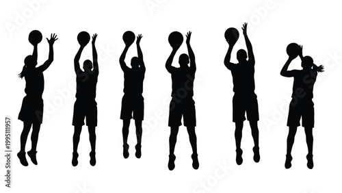 Silhouette illustration of multiple basketball players preparing to shoot the ball