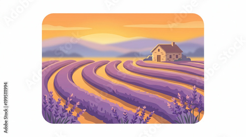 Sunset Landscape with Lavender Fields and Farmhouse