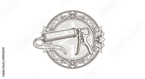 Vintage Engraved Caulking Gun Emblem with Decorative Border