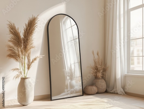 Elegant Interior View with Arch Mirror and Stylish Decorative Plants