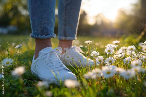 Outdoor spring scene with denim legs and pristine white sneakers in a meadow of grass and blossoms