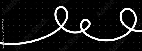 Line cable drawing with squiggle long curve and abstract tangles. Wavy curvy thread. White vector on black background. Line doodle rope for squiggle divider element and curved designs