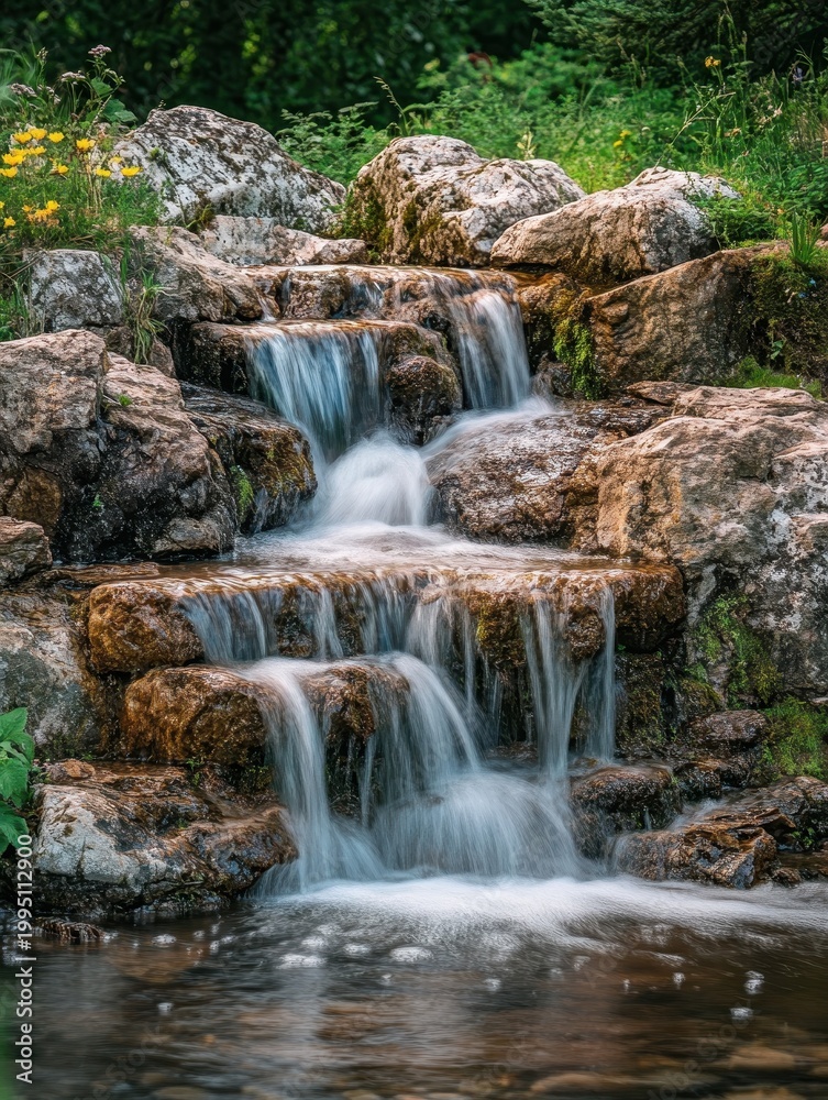 Fototapeta premium Serene Waterfall Cascading Over Smooth Rocks in Lush Green Setting