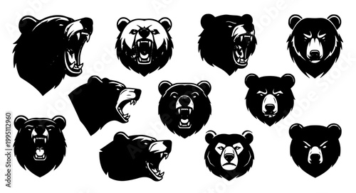 Bear Head Silhouette Collection Wildlife Animal Logo Vector Illustration Set