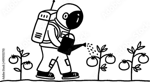 Astronaut watering tomato plants in outdoor garden row