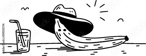 Banana wearing wide hat reclining on tabletop with drink