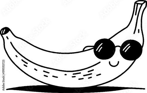 Banana wearing round sunglasses smiling on flat surface