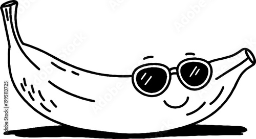 Banana wearing sunglasses smiling on white surface