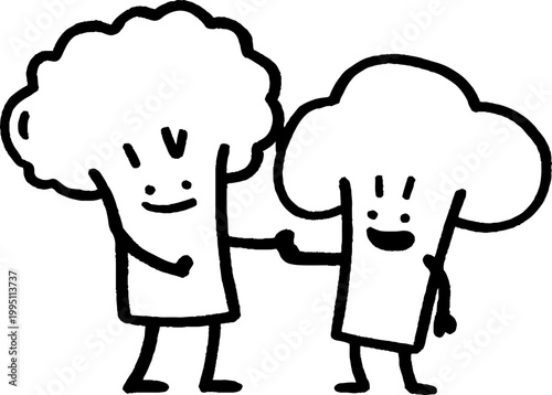 Two broccoli characters holding hands facing each other