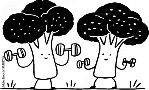 Two broccoli characters lifting dumbbells together on ground