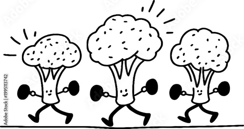 Three broccoli characters jogging in formation on path