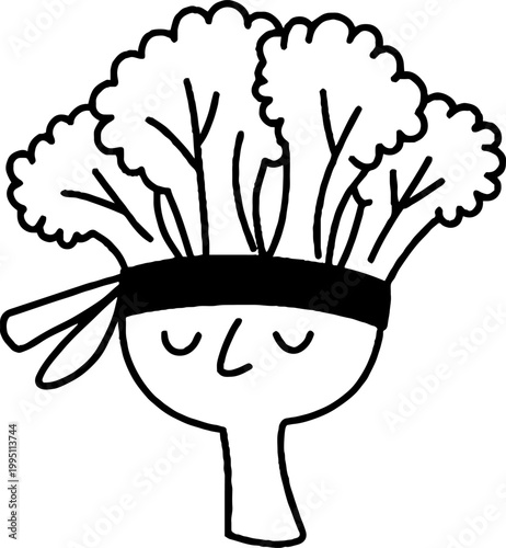 Broccoli head wearing headband with closed eyes on white background