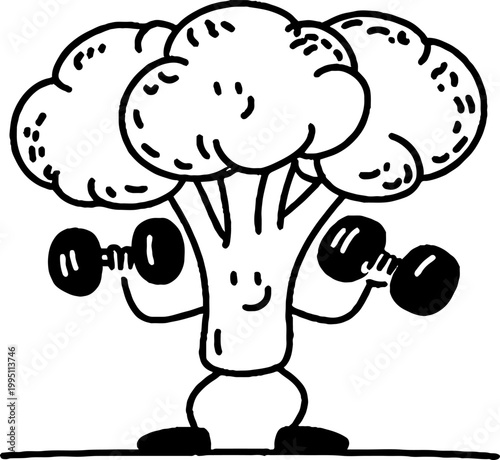 Broccoli character lifting dumbbells on flat surface