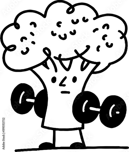 Broccoli character lifting weights in white studio setting