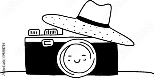 Camera wearing wide brim hat on flat surface with smile