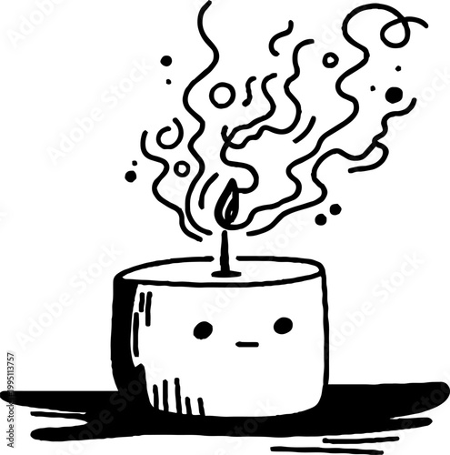 Candle producing smoke on flat surface with face line drawing