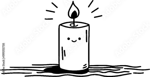 Lit candle smiling on textured surface with radiant lines