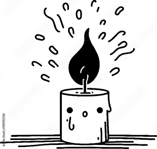 Candle burning with large flame on tabletop line drawing