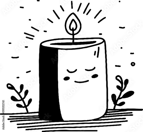 Candle smiling peacefully beside small plants on surface line drawing