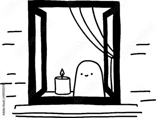 Ghost character standing by candle in open window frame line drawing