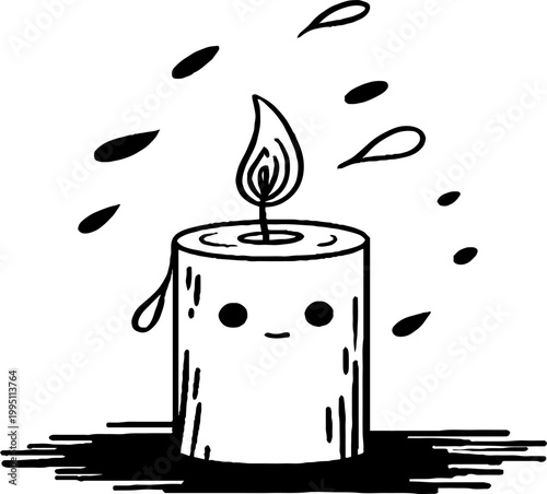 Small candle with smiling face burning on tabletop surface