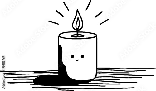 Glowing candle with smiling face melting on wooden surface
