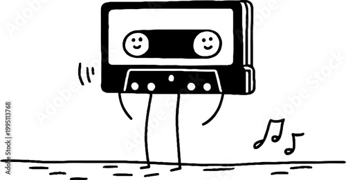 Walking cassette tape character producing musical notes on floor