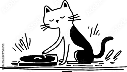 Cat playing record on floor with vinyl turntable nearby