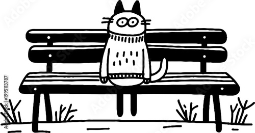 Cat seated on bench wearing sweater in park setting