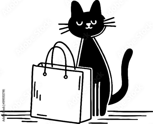 Black cat standing next to shopping bag on white backdrop