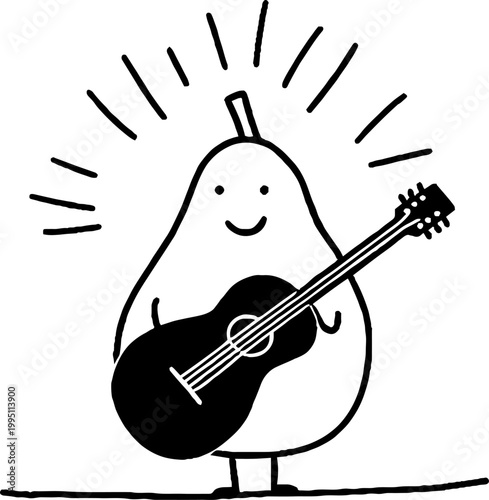 Pear character playing guitar on simple white background