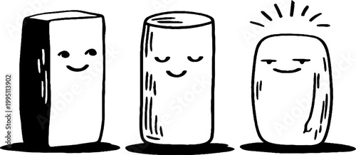 Three smiling container characters arranged on flat surface