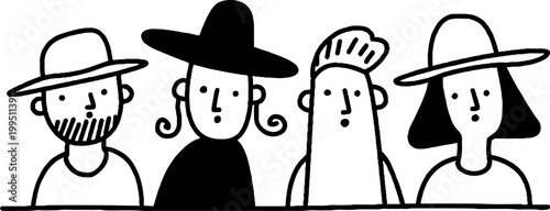 Four adults standing in row wearing hats in illustration
