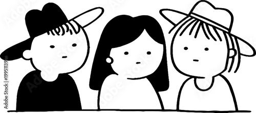 Three children wearing hats sitting behind simple table line