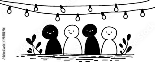 Group of four figures standing under string lights outdoors