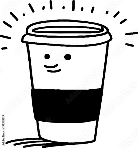 Smiling coffee cup with lid standing on table surface