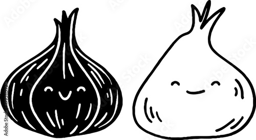 Two garlic bulbs smiling side by side on white background