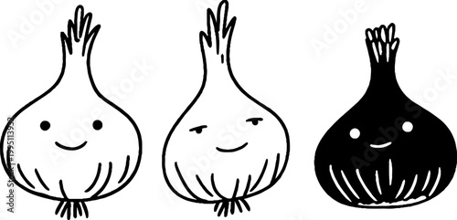 Three garlic characters lined up on white background