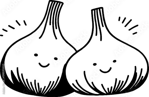 Pair of garlic bulbs smiling close together on white background